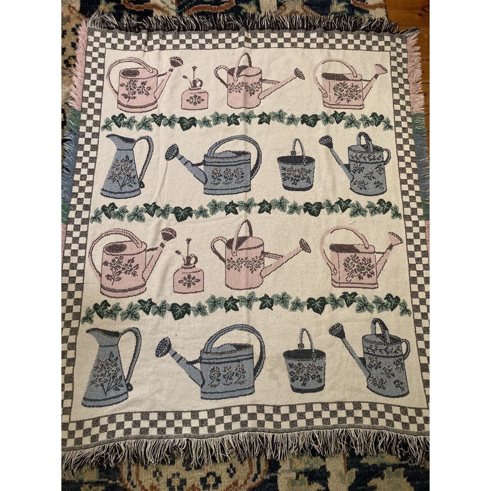 Vintage Tapestry Throw Blanket Watering Can Garden Themed - 47 x 53"